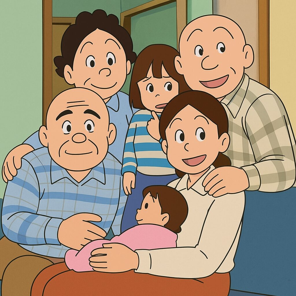 サザエさん風三世代家族写真